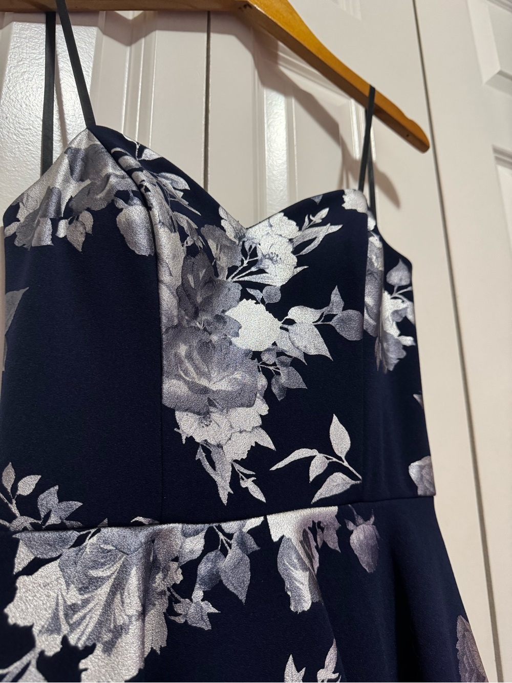 B Darlin Navy Silver Floral Strapless Fit Flare Dress Homecoming 5/6 - Picture 3 of 9